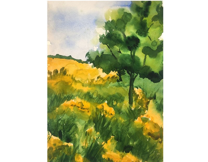 Field Yellow Original Art Dandelion Artwork Meadow Original Watercolor Art - 海報/掛畫/掛布 - 環保材質 黃色