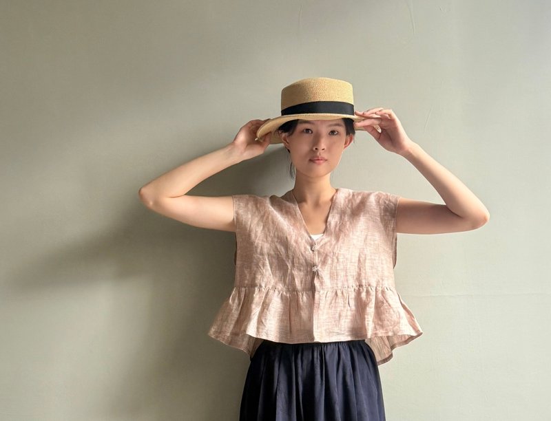 清冰如心/椰粽色雙色紗織亞麻V領開扣小罩衫100%亞麻/只有一件 - 背心/無袖上衣 - 棉．麻 