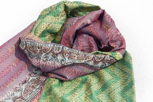 omhandmade 手工縫紗麗布絲巾/絲綢刺繡圍巾/印度絲綢刺繡絲巾-印度大象花朵