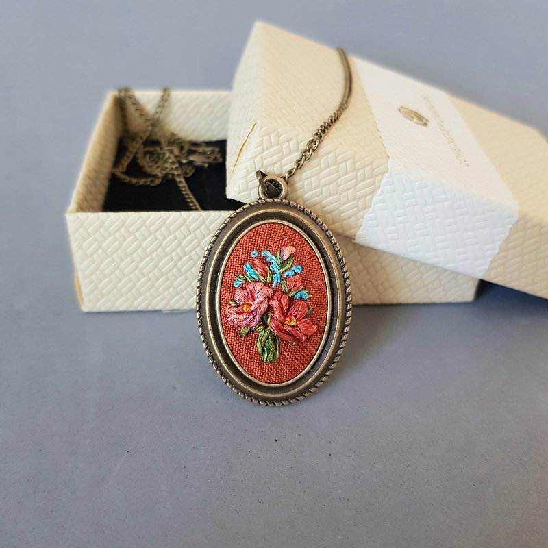 Ribbon embroidered pendant for her, hand embroidery jewelry necklace - Necklaces - Silk Multicolor