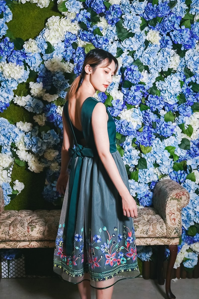 Mark's Flowery World 大きなバックレス パッチワーク メッシュ刺繍タイボウ ドレス - ワンピース - コットン・麻 グリーン