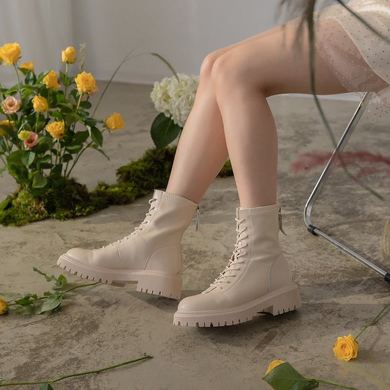 【I called Love】Fashion Requiem / Rear Zipper Soft Leather Thick-soled Mid-Calve Boots Military Boots - Women's Booties - Genuine Leather White