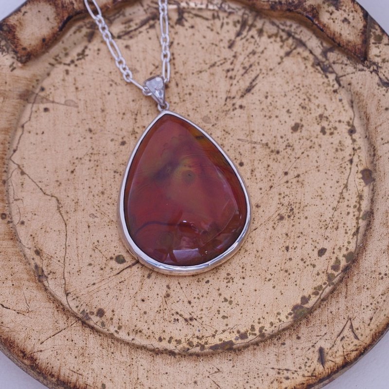 天然戰國紅瑪瑙 大顆 手工純銀項鍊 Natural Red Agate 附銀鍊 - 項鍊 - 半寶石 紅色