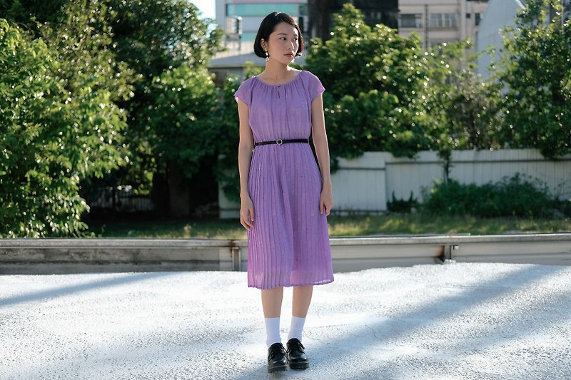 Elegant purple dotted circle half sleeve vintage dress - One Piece Dresses - Other Materials Purple