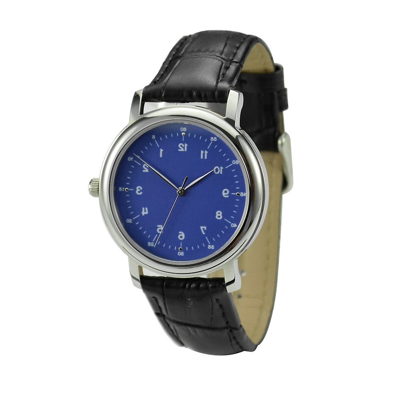 Backwards Numbers Watch Elegant Blue Face - Unisex - Free shipping worldwide - นาฬิกาผู้ชาย - สแตนเลส ขาว