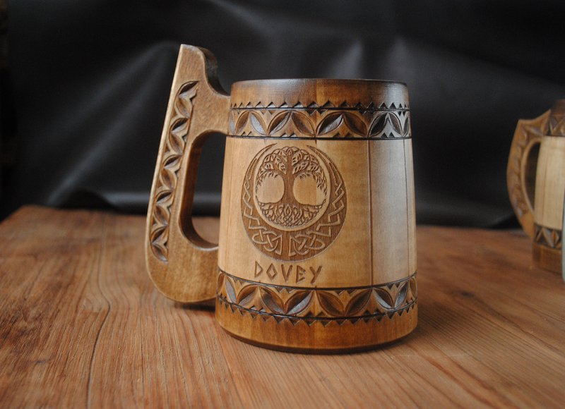 Tree of life Wooden beer mug Man birthday gift anniversary gift viking gift - 咖啡杯/馬克杯 - 木頭 