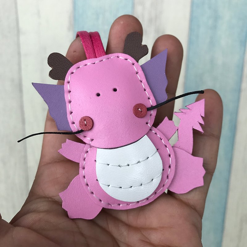 Pink cute little dragon handmade sewn leather charm small size - Keychains - Genuine Leather Pink