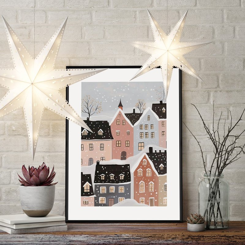 白雪覆うクリスマスの夜 - クリスマスイラスト/クリスマスツリー飾りウォールアート/クリスマス小物/プレゼント交換 - ポスター・絵 - コットン・麻 ホワイト