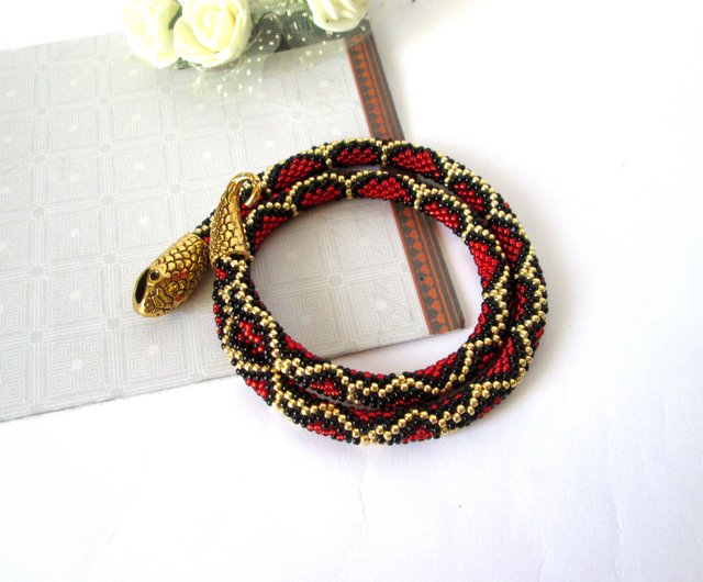 Beaded Snake Bracelet for Women, Ouroboros, Brown Snake Bracelet, Bead Crochet Bracelet 6.5 | IrisBeadsArt