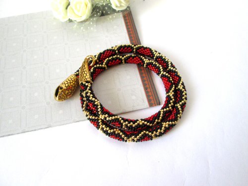 Handmade By Nataniel Black red snake necklace bracelet Ouroboros jewelry Serpent rope Beaded necklace