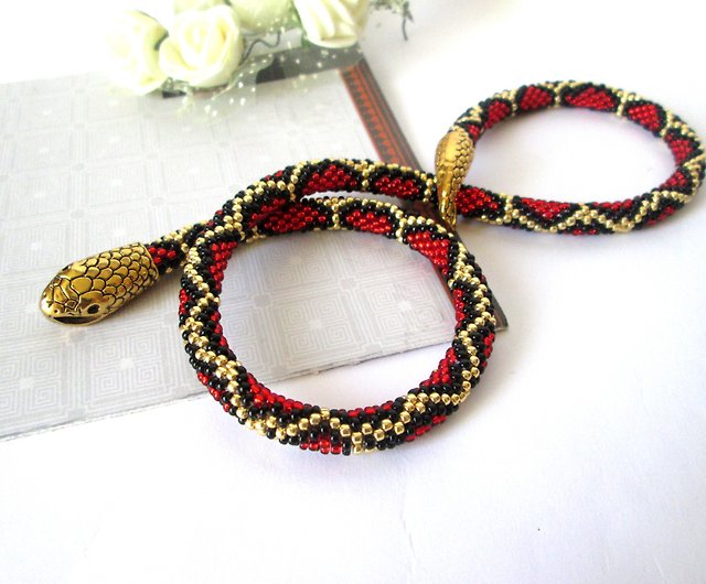Beaded Snake Bracelet for Women, Ouroboros, Brown Snake Bracelet, Bead Crochet Bracelet 6.5 | IrisBeadsArt