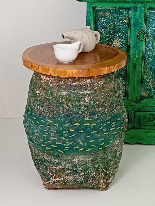 whiteball Coffee table, original painted table Wave with fishes