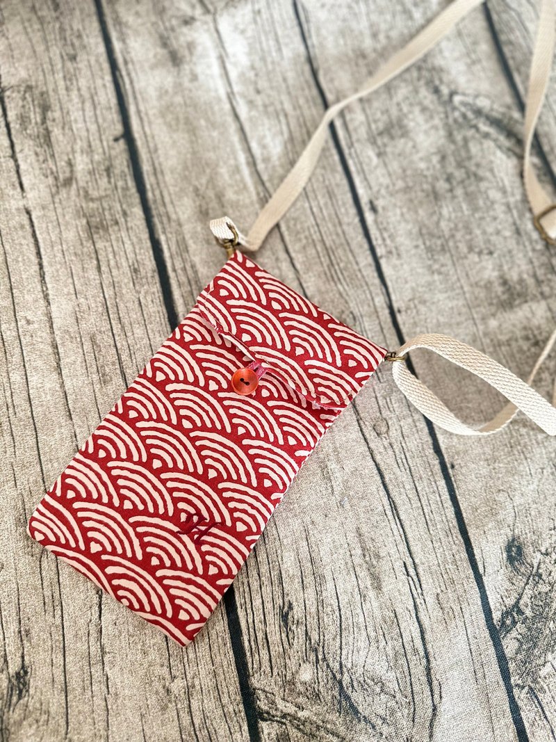 Handmade Phone case with Adjustable strap, Japanese vintage pattern - Messenger Bags & Sling Bags - Cotton & Hemp Red