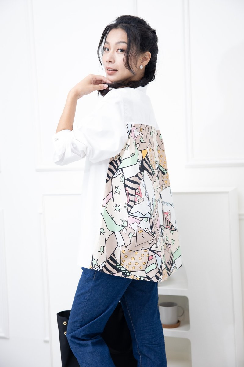 Back-stitched colorful graffiti long-sleeved top in white - เสื้อเชิ้ตผู้หญิง - วัสดุอื่นๆ ขาว