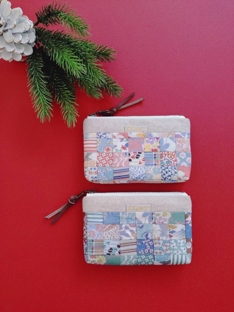 [FWL/four-layer small wallet] realistic small patchwork Japanese water jade dots French glitter cloth - Coin Purses - Cotton & Hemp Multicolor