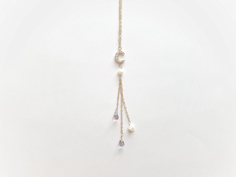 CRESCENT/ 14KGF Gold Moon with Pearl and Zircon Tassel Y Necklace, Adjustable - Necklaces - Pearl Gold