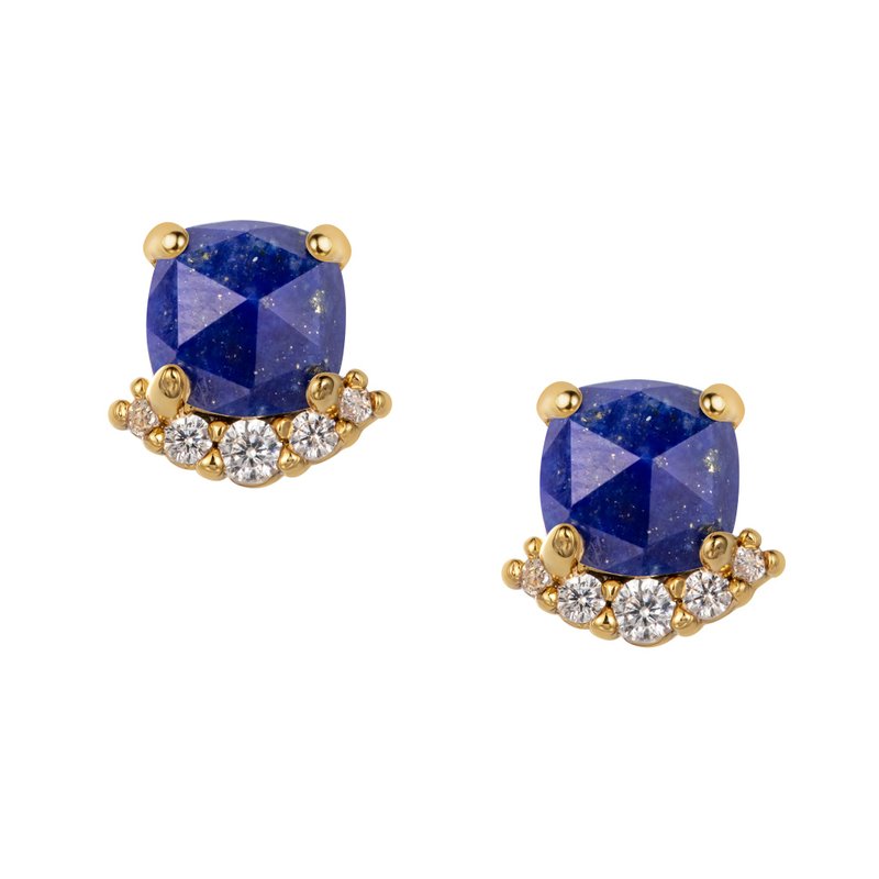 Fiona Lapis Lazuli Earrings Cushion Semi- Gemstone Classic Rose Cut Precision Plated 14k Gold Anti-Allergic Steel Needle - ต่างหู - เครื่องประดับพลอย สีน้ำเงิน