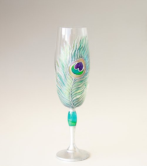 NeA Glass Peacock Feather Champagne Wine Glass, Hand-painted