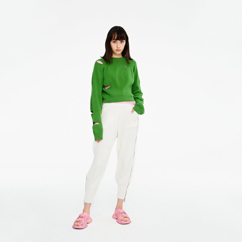 10 MOOn  時尚美麗諾羊毛針織特殊拉鍊白色長褲 - 女長褲 - 羊毛 白色