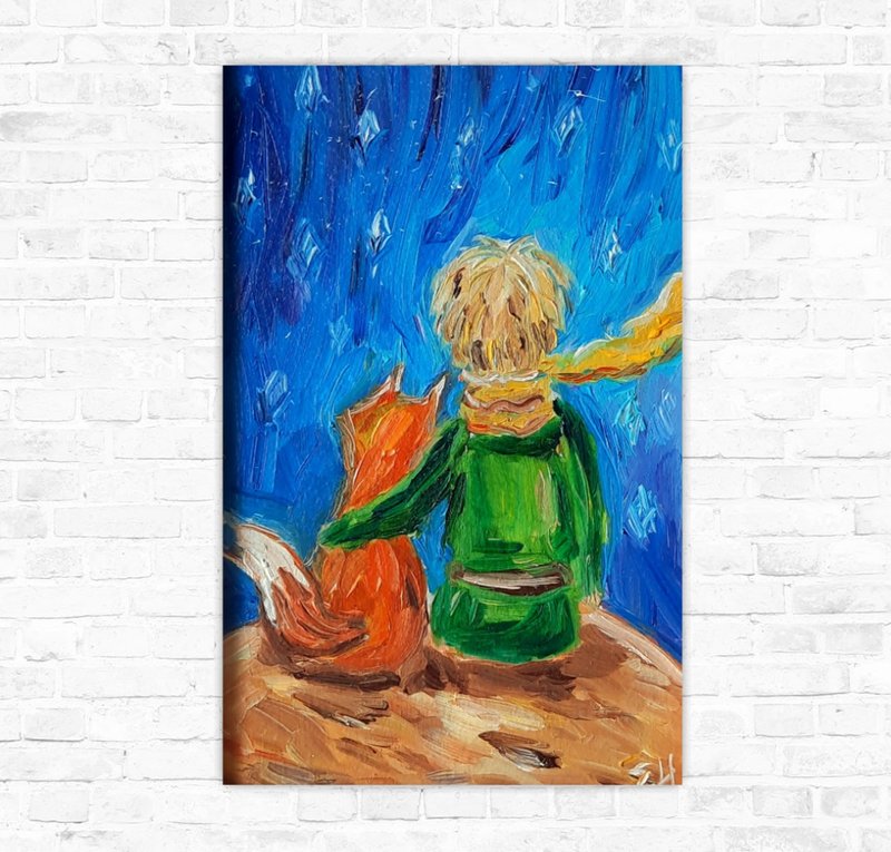 Little Prince oil painting Little prince fox kids wall art  小王子油畫 Customized art - 海報/掛畫/掛布 - 棉．麻 藍色