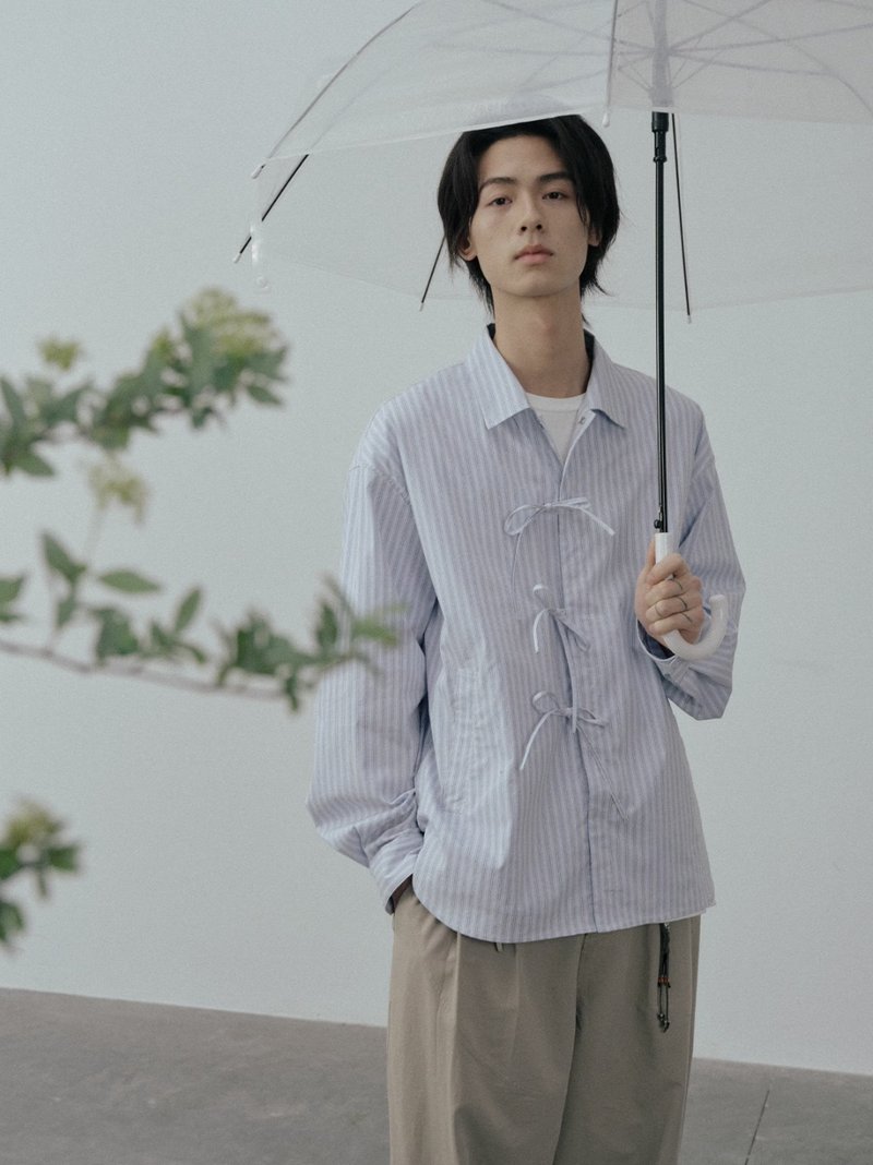高原山澗 新中式系帶條紋長袖襯衫 - 男襯衫/休閒襯衫 - 其他材質 藍色