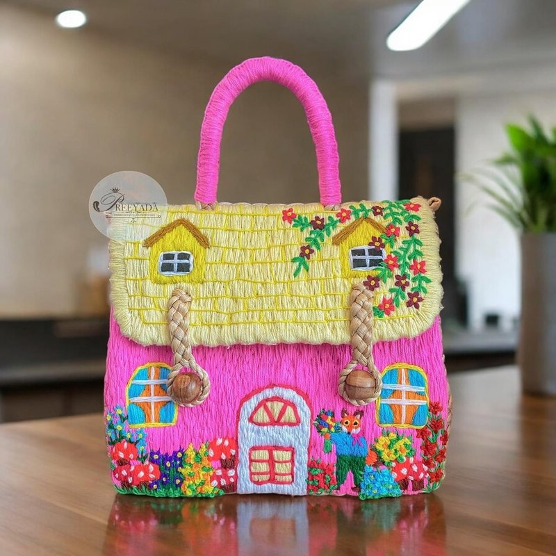 Water hyacinth bag embroidered by hand with a pattern of yellow and pink houses, foxes and flower lover - Handbags & Totes - Thread 