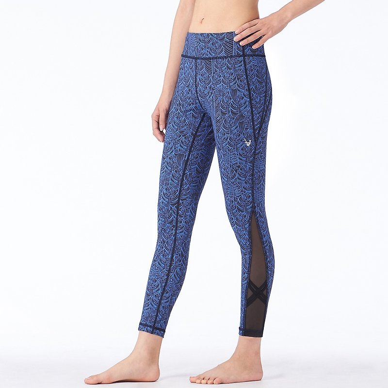[MACACA] beautiful butt skin and beautiful nine pants - ASE7822 black blue leaves - Women's Sportswear Bottoms - Nylon Blue