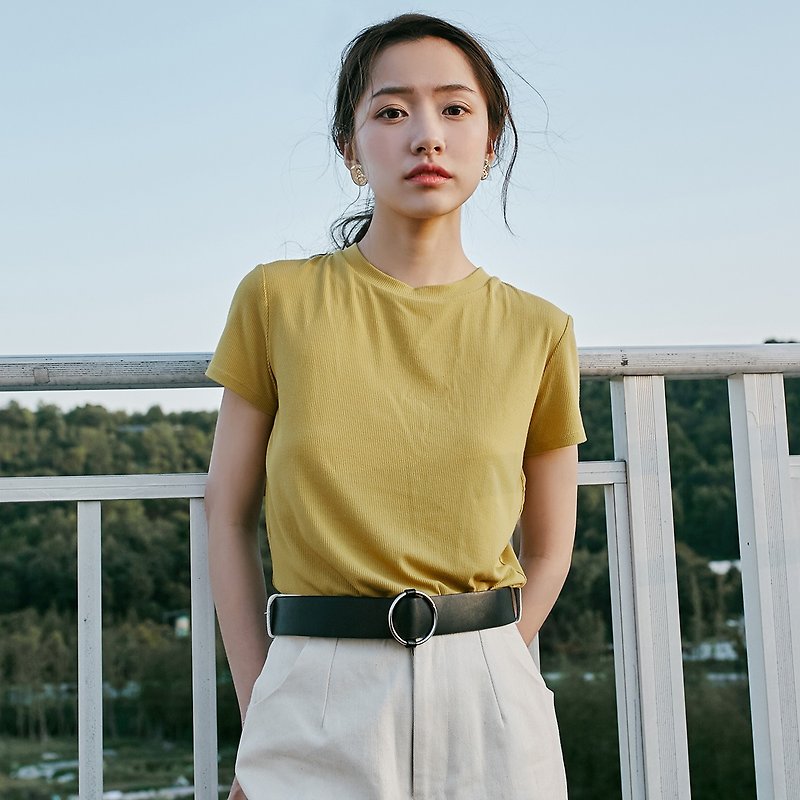 Annie Chen 2018 summer new literary women's pure color round neck short-sleeved knitted T-shirt - Women's T-Shirts - Other Man-Made Fibers Yellow