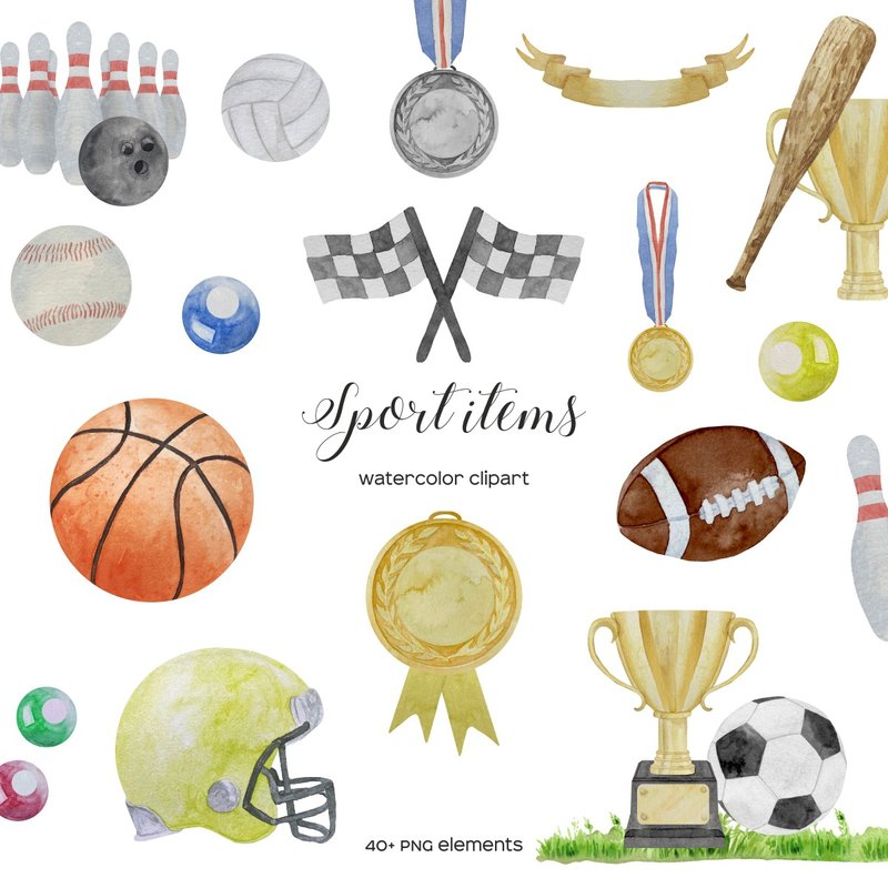 Watercolor Sport Clipart, Football Baseball Equipment - Illustration, Painting & Calligraphy - Other Materials Multicolor