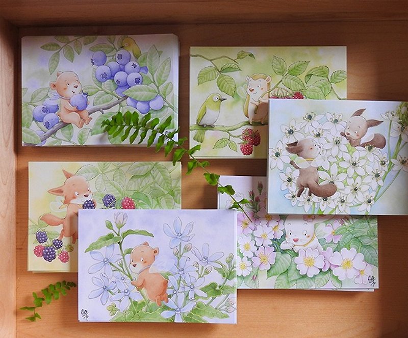 Bagel Watercolor Illustration Postcard-Berry Elf & Flower Elf - การ์ด/โปสการ์ด - กระดาษ สีเขียว