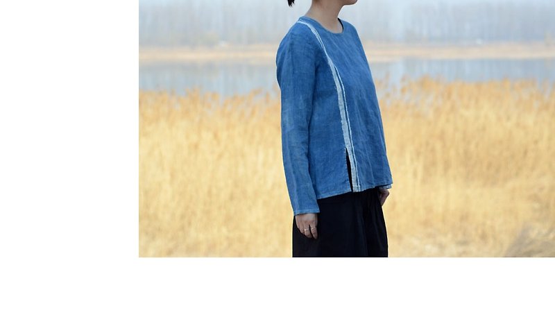 Discard original designs. Plant-dyed simple round neck linen pullover, shirt Natural Dye - เสื้อเชิ้ตผู้หญิง - ผ้าฝ้าย/ผ้าลินิน 