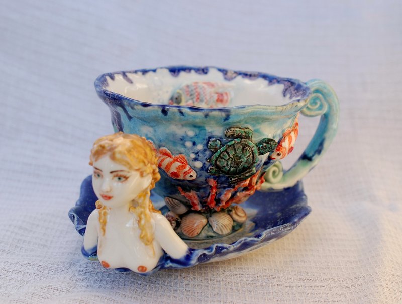 Tea cup and saucer set Porcelain art ,Marine theme Tea set with decor - 茶壺/茶杯/茶具 - 瓷 多色