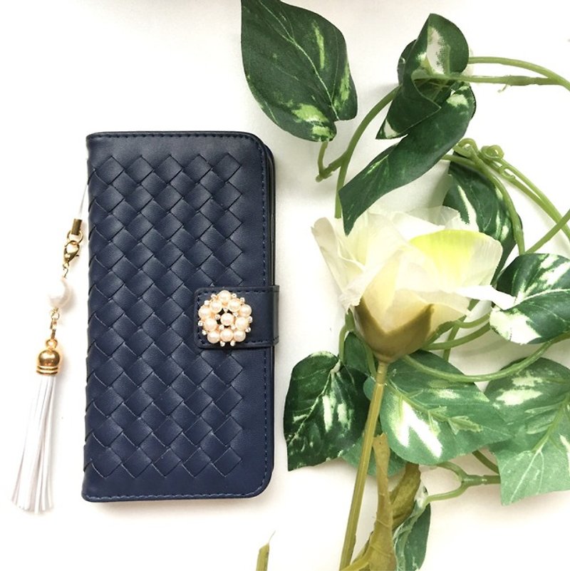 [Pajour] (Navy) Intrecciato notebook type smartphone case [iPhone] [notebook] [braided] - Phone Cases - Genuine Leather Blue