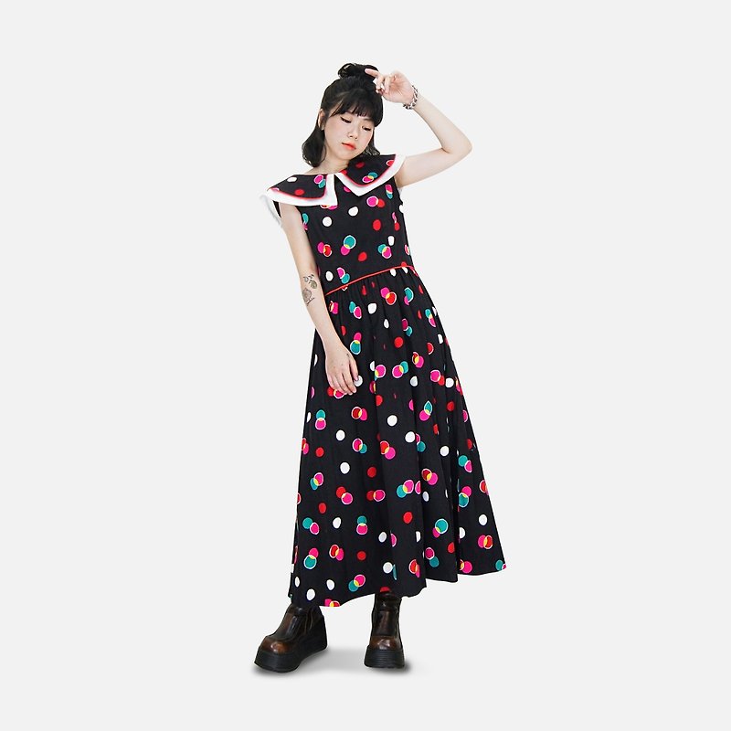 A‧PRANK: DOLLY :: VINTAGE retro black and red dot shape with a large lapel bow (double-sided Jieke wear) vintage dress - One Piece Dresses - Cotton & Hemp Multicolor
