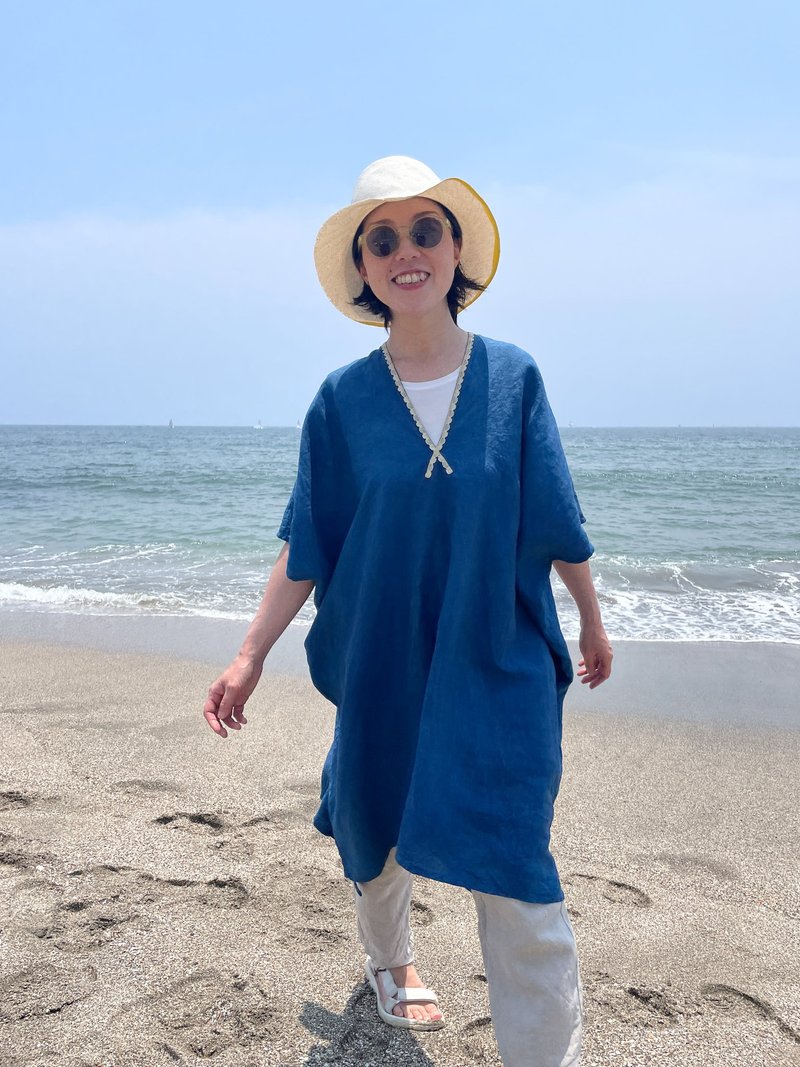 風に揺らめくエレガントなフレンチリネンの藍染ポンチョワンピース French Linen  Dress JAPANBLUE Aizome - 禮服/小禮服 - 棉．麻 藍色