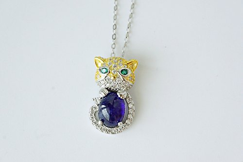 roseandmarry Natural Blue Sapphire Pendant and Necklace Sterling Silver925 Cat Design.