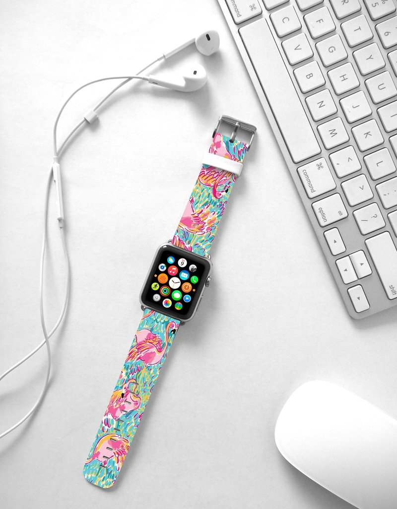 Watercolor pink flamingo leather Apple Watch Band 38 40 42 44 mm Series 5 4 005 - สายนาฬิกา - หนังแท้ สึชมพู