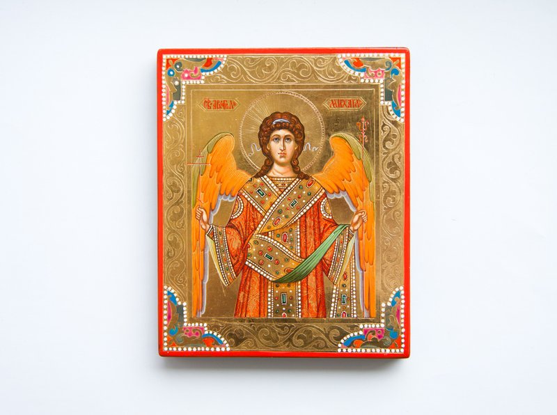 hand painted orthodox wood icon  Saint Archangel Michael gold leaf, engraving - อื่นๆ - ไม้ สีส้ม