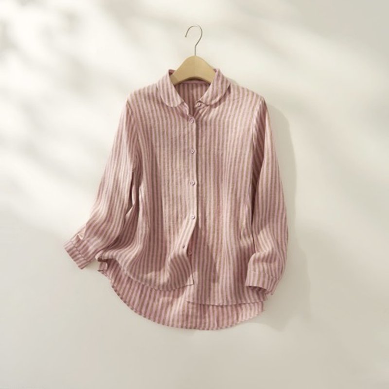 Easy to wear all year round Striped Linen blouse /Linen shirt in pink and light brown 240924-2 - เสื้อผู้หญิง - ผ้าฝ้าย/ผ้าลินิน 