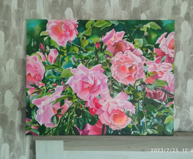 庭のピンクのバラ オリジナルアクリル絵の具 - ショップ Solar art