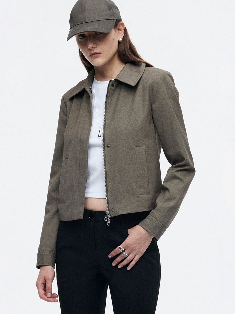 カーキグリーン ウール混紡 肩パッド付きジャケット セットインスリーブ Aライン ショート丈 カジュアル 襟付き ダブルジップジャケット - ジャケット - その他の化学繊維 グリーン