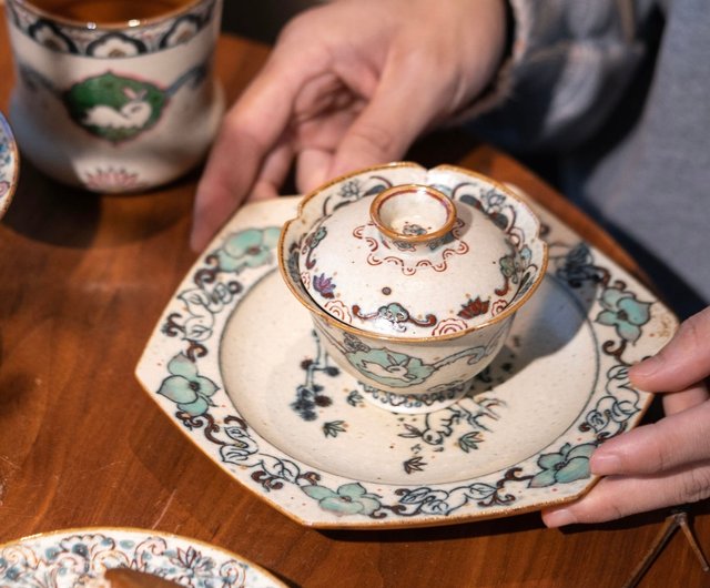 手作りの唐風青白磁古代茶器セット 敦煌三兎耳文様 コーラカップ