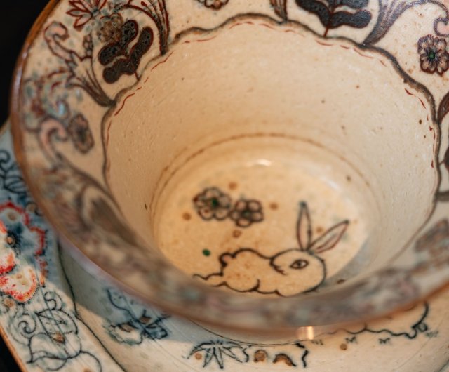 手作りの唐風青白磁古代茶器セット 敦煌三兎耳文様 コーラカップ