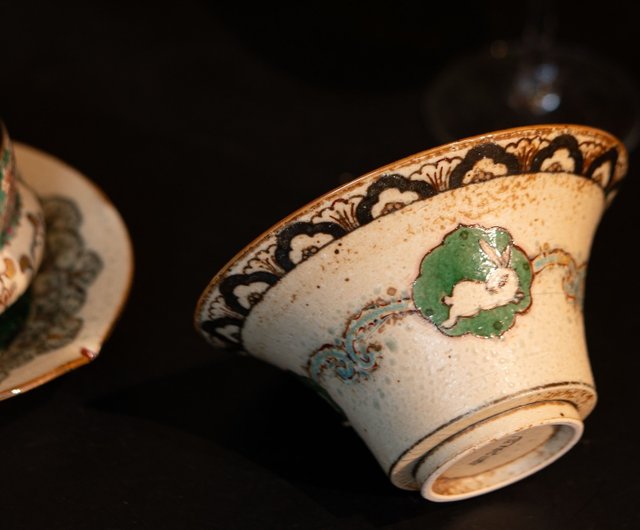 手作りの唐風青白磁古代茶器セット 敦煌三兎耳文様 コーラカップ