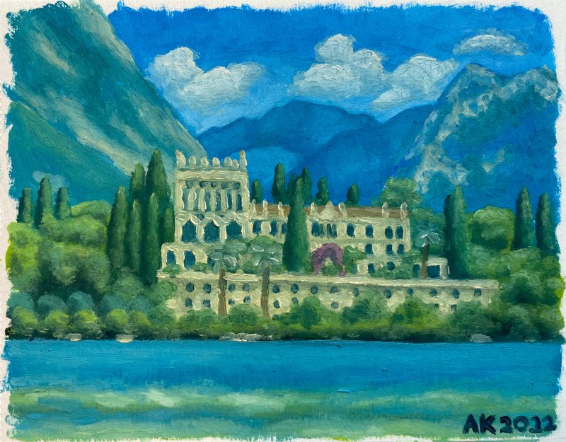 Isola Del Garda oil painting, Italy landscape, architecture, lake illustration, - 壁貼/牆壁裝飾 - 其他材質 藍色