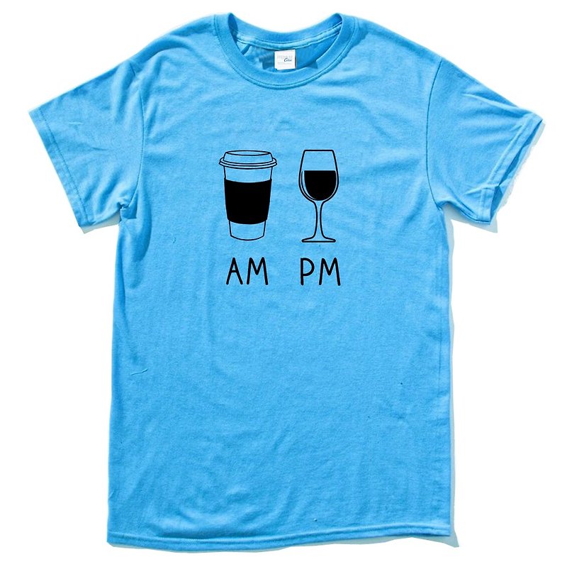 COFFEE AM WINE PM blue t shirt - เสื้อยืดผู้ชาย - ผ้าฝ้าย/ผ้าลินิน สีน้ำเงิน