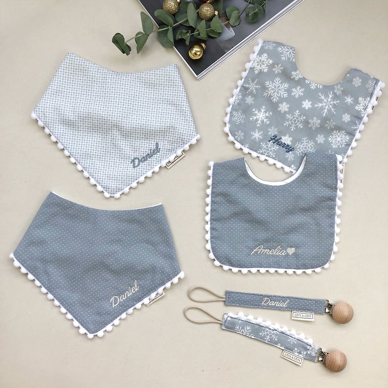 [Customized Embroidery] My and my baby’s first snow napkin, a total of six styles. - Bibs - Cotton & Hemp Gray