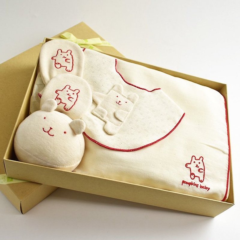 棉．麻 彌月禮盒 白色 - Gift Set LB Rabbit Collection 100% Organic Cotton Style Ball Mitten Gauze Handkerchief 4-Piece Set for Baby Shower Made in Japan