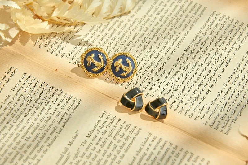【美國帶回 西洋古董飾品】1980美國復古飾品 藍色琺瑯夾式耳環 - 耳環/耳夾 - 其他金屬 