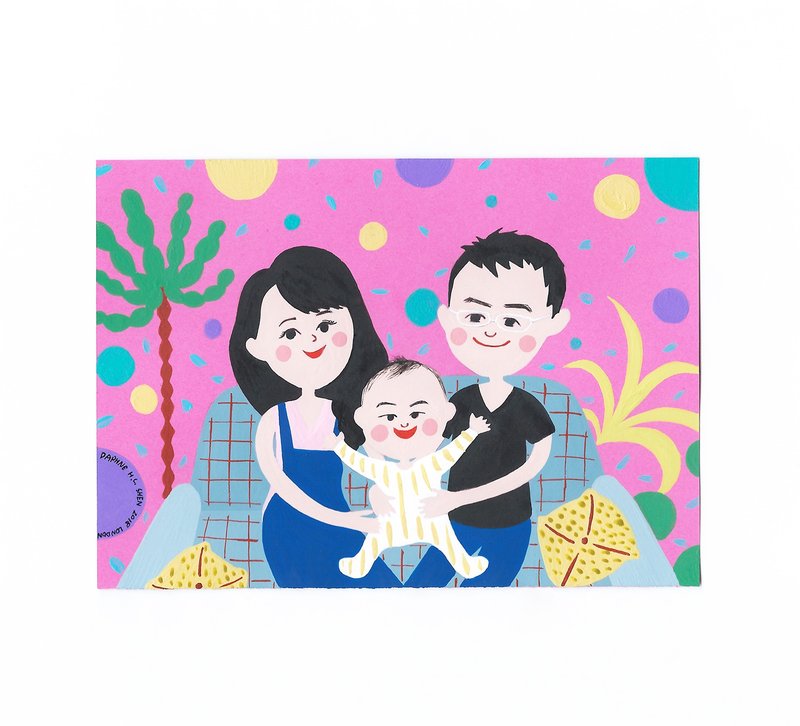 可愛溫馨風 客製化3人肖像 全家福 生日/情人節/結婚/聖誕節/求婚 - 似顏繪/客製畫 - 紙 多色